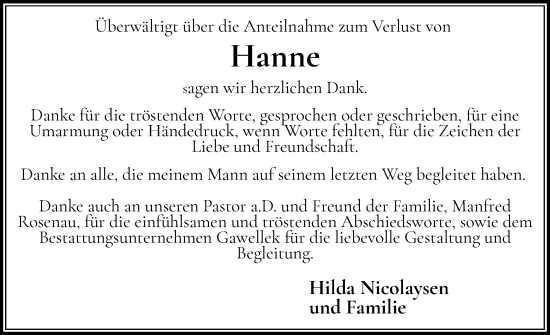 Traueranzeige von Hanne  von Husumer Nachrichten, Nordfriesland Tageblatt