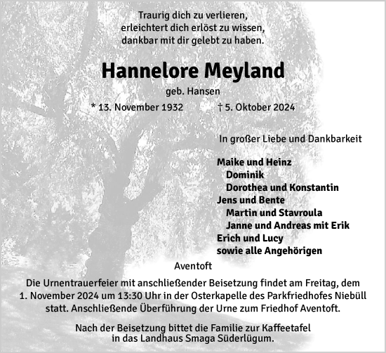 Traueranzeige von Hannelore Meyland von Region Flensburg
