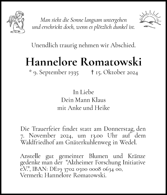 Traueranzeige von Hannelore Romatowski von Wedel-Schulauer Tageblatt, tip Wedel-Schulauer Tageblatt, tip Rissener Rundschau