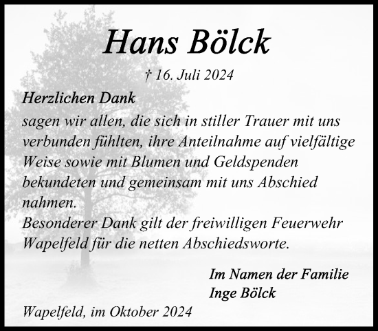 Traueranzeige von Hans Bölck von Schleswig-Holsteinische Landeszeitung