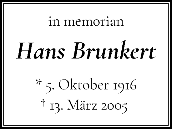 Traueranzeige von Hans Brunkert von Eckernförder Zeitung, Hallo Eckernförde