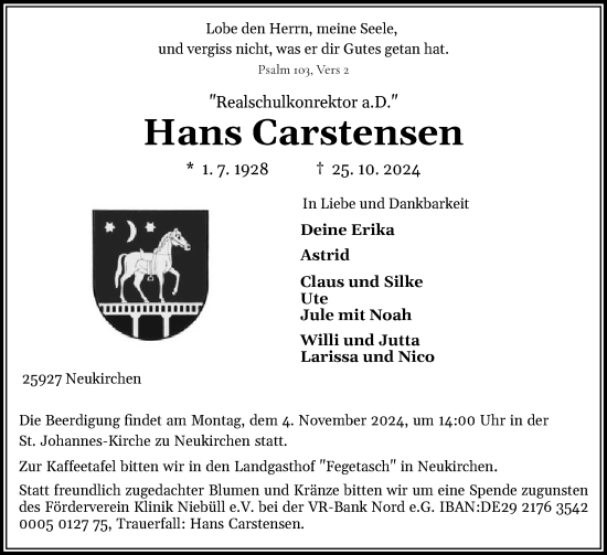 Traueranzeige von Hans Carstensen von Region Flensburg