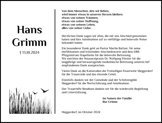 Traueranzeige von Hans Grimm von Schleswig-Holsteinische Landeszeitung