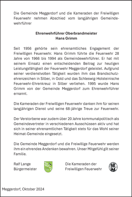 Traueranzeige von Hans Grimm von Schleswig-Holsteinische Landeszeitung