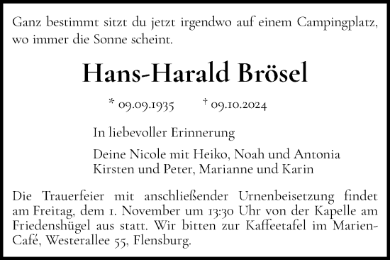 Traueranzeige von Hans-Harald Brösel von Flensburger Tageblatt