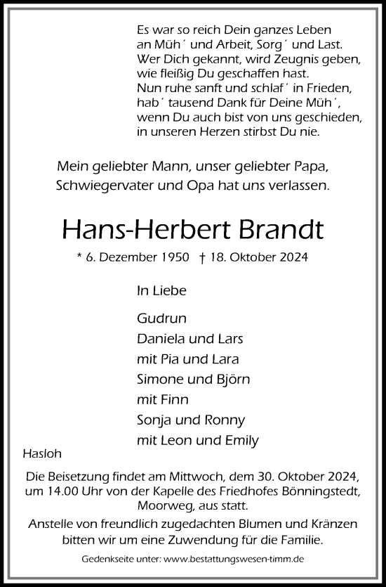 Traueranzeige von Hans-Herbert Brandt von Region Pinneberg und tip Pinneberg