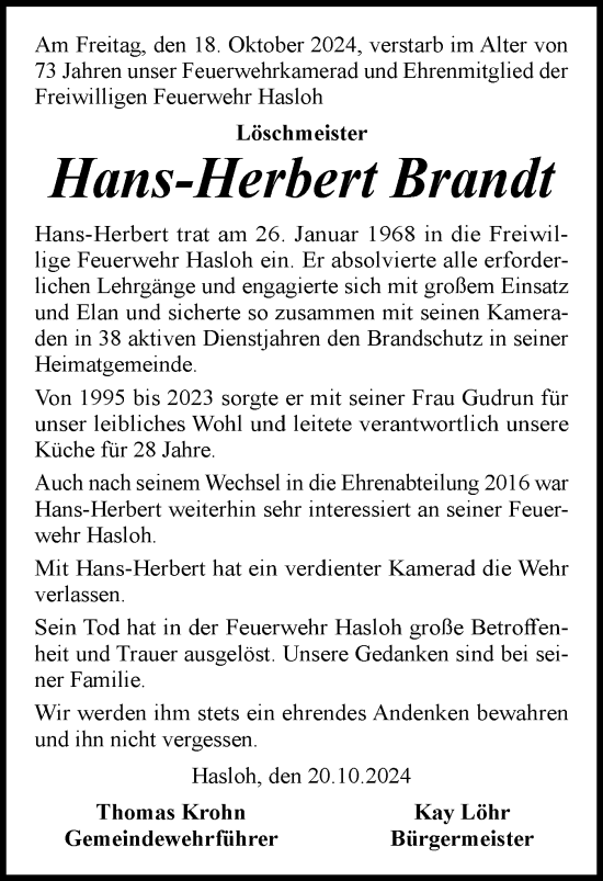 Traueranzeige von Hans-Herbert Brandt von Region Pinneberg und tip Pinneberg