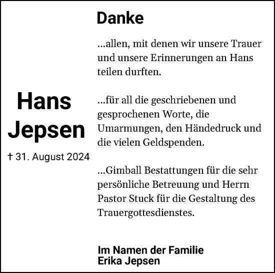 Traueranzeige von Hans Jepsen von Husumer Nachrichten, Nordfriesland Tageblatt