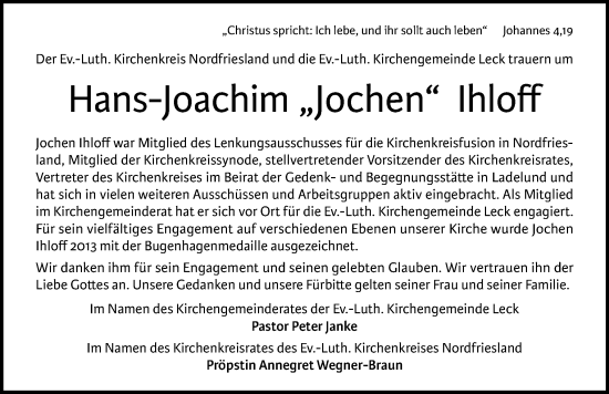 Traueranzeige von Hans-Joachim Ihloff von Husumer Nachrichten, Nordfriesland Tageblatt