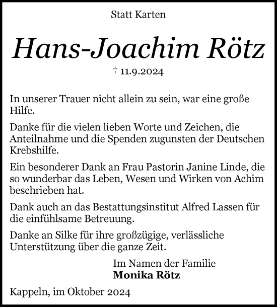Traueranzeige von Hans-Joachim Rötz von Schleswiger Nachrichten, Schlei-Bote