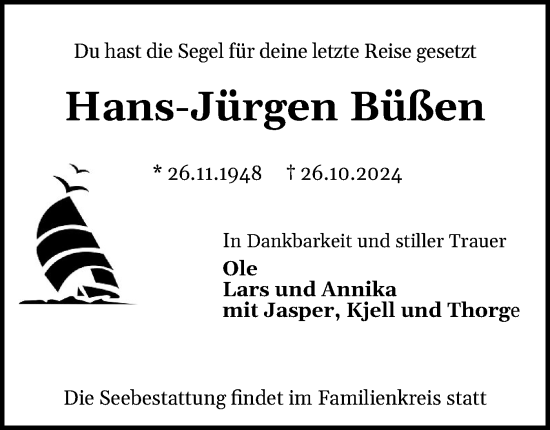 Traueranzeige von Hans-Jürgen Büßen von Eckernförder Zeitung, Hallo Eckernförde
