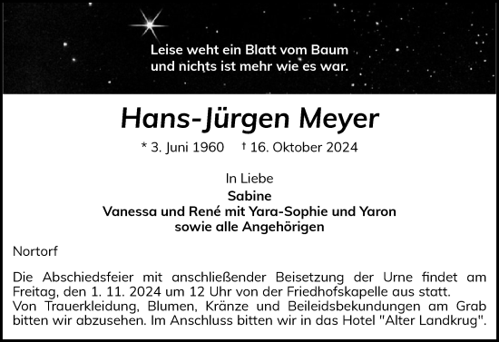 Traueranzeige von Hans-Jürgen Meyer von Schleswig-Holsteinische Landeszeitung