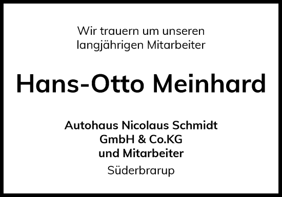Traueranzeige von Hans-Otto Meinhard von Flensburger Tageblatt