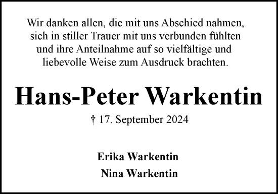 Traueranzeige von Hans-Peter Warkentin von Flensburger Tageblatt
