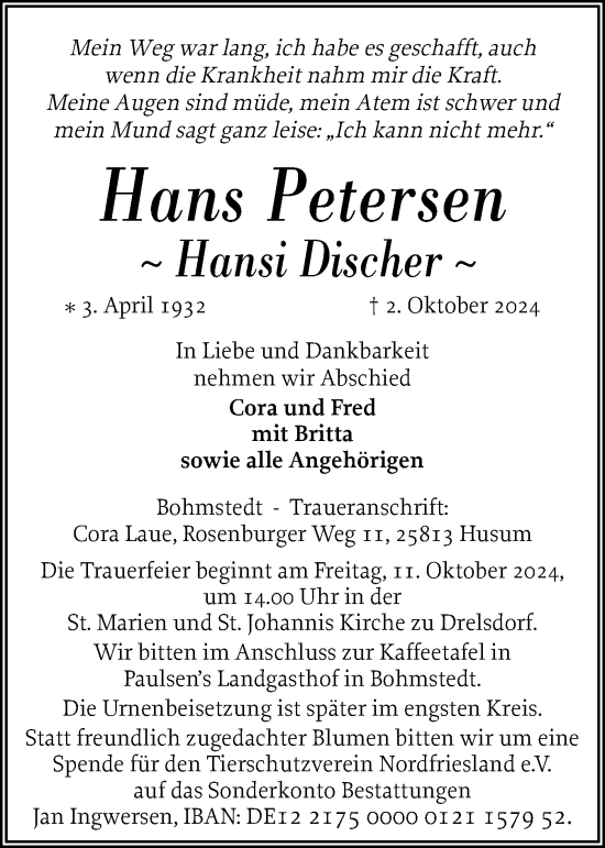 Traueranzeige von Hans Petersen von Husumer Nachrichten, Nordfriesland Tageblatt