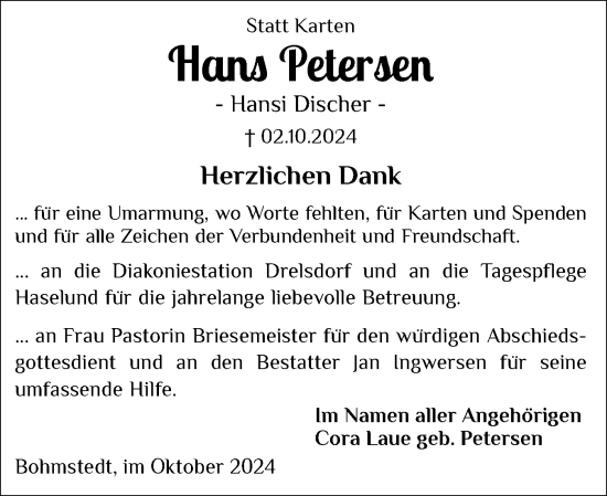 Traueranzeige von Hans Petersen von Husumer Nachrichten, Nordfriesland Tageblatt
