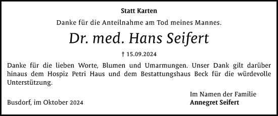 Traueranzeige von Hans Seifert von Schleswiger Nachrichten, Schlei-Bote