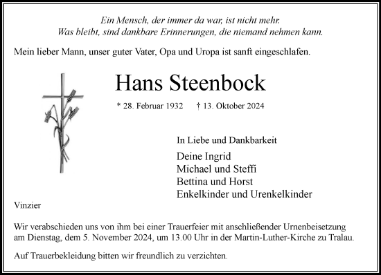 Traueranzeige von Hans Steenbock von Stormaner Tageblatt