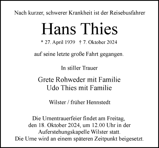 Traueranzeige von Hans Thies von Norddeutsche Rundschau, Wilstersche Zeitung, Glückstädter Fortuna