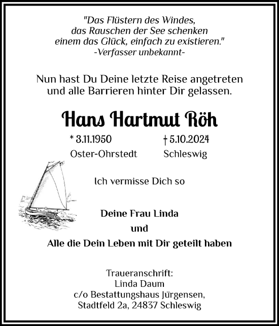 Traueranzeige von Hans Hartmut Röh von Schleswiger Nachrichten, Schlei-Bote