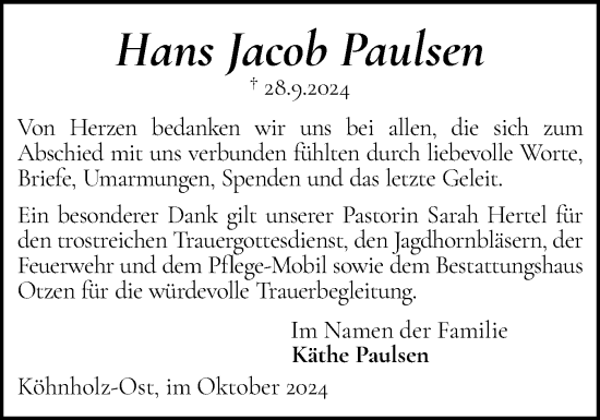 Traueranzeige von Hans Jacob Paulsen von Flensburger Tageblatt, Schleswiger Nachrichten, Schlei-Bote
