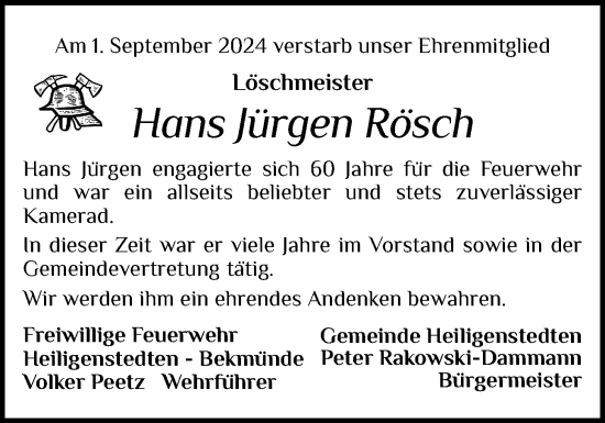 Traueranzeige von Hans Jürgen Rösch von Norddeutsche Rundschau, Wilstersche Zeitung, Glückstädter Fortuna