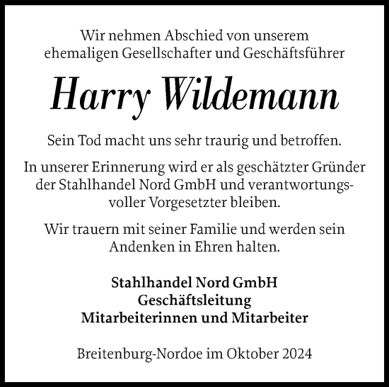 Traueranzeige von Harry Wildemann von Norddeutsche Rundschau, Wilstersche Zeitung, Glückstädter Fortuna