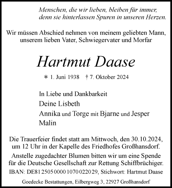 Traueranzeige von Hartmut Daase von Stormaner Tageblatt