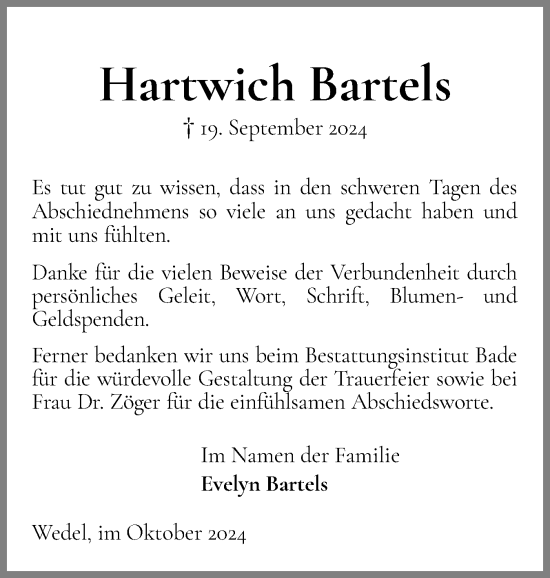 Traueranzeige von Hartwich Bartels von Wedel-Schulauer Tageblatt, tip Wedel-Schulauer Tageblatt, tip Rissener Rundschau