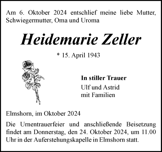 Traueranzeige von Heidemarie Zeller von Elmshorner Nachrichten, Barmstedter Zeitung