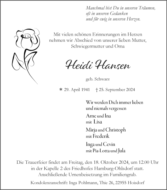 Traueranzeige von Heidi Hansen von Stormaner Tageblatt