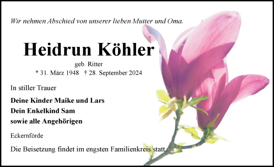 Traueranzeige von Heidrun Köhler von Eckernförder Zeitung, Hallo Eckernförde