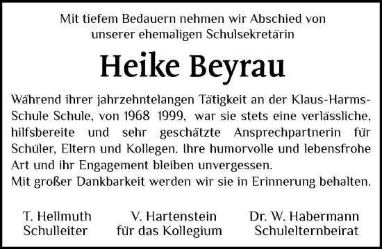 Traueranzeige von Heike Beyrau von Schleswiger Nachrichten, Schlei-Bote