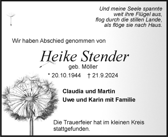 Traueranzeige von Heike Stender von Holsteinischer Courier