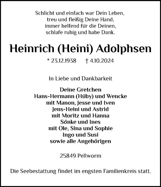 Traueranzeige von Heinrich Adolphsen von Husumer Nachrichten, Nordfriesland Tageblatt