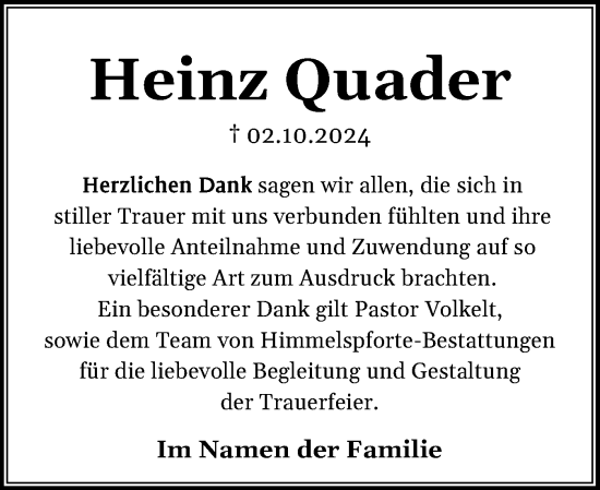 Traueranzeige von Heinz Quader von Norddeutsche Rundschau, Wilstersche Zeitung, Glückstädter Fortuna