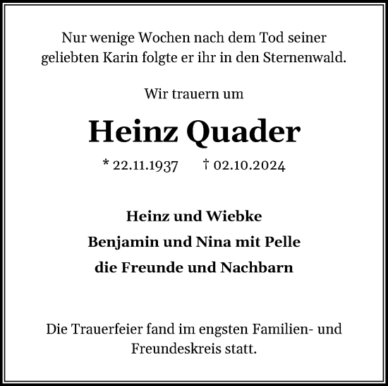 Traueranzeige von Heinz Quader von Norddeutsche Rundschau, Wilstersche Zeitung, Glückstädter Fortuna