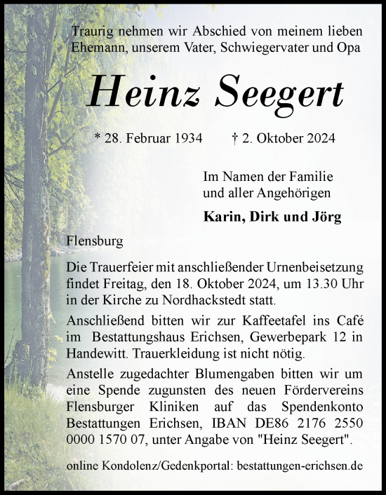 Traueranzeige von Heinz Seegert von Flensburger Tageblatt