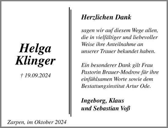 Traueranzeige von Helga Klinger von Stormaner Tageblatt