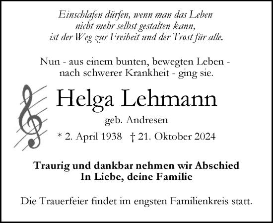 Traueranzeige von Helga Lehmann von Husumer Nachrichten, Nordfriesland Tageblatt
