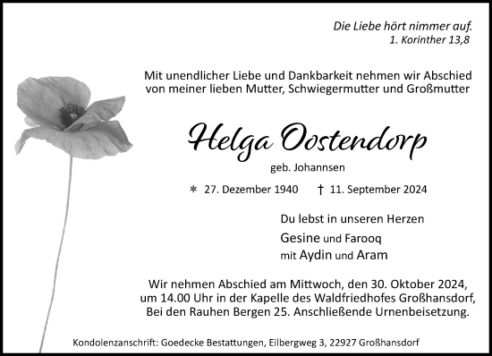 Traueranzeige von Helga Oostendorp von Stormaner Tageblatt