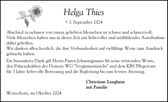 Traueranzeige von Helga Thies von Elmshorner Nachrichten, Barmstedter Zeitung