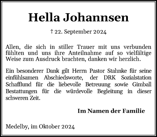 Traueranzeige von Hella Johannsen von Region Flensburg