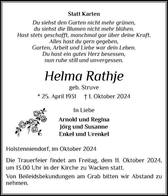 Traueranzeige von Helma Rathje von Norddeutsche Rundschau, Wilstersche Zeitung, Glückstädter Fortuna