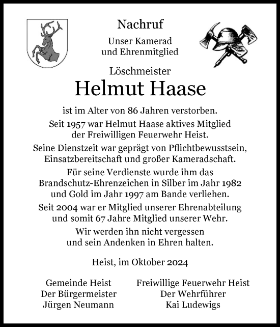Traueranzeige von Helmut Haase von Uetersener Nachrichten, Der tip am Wochenende