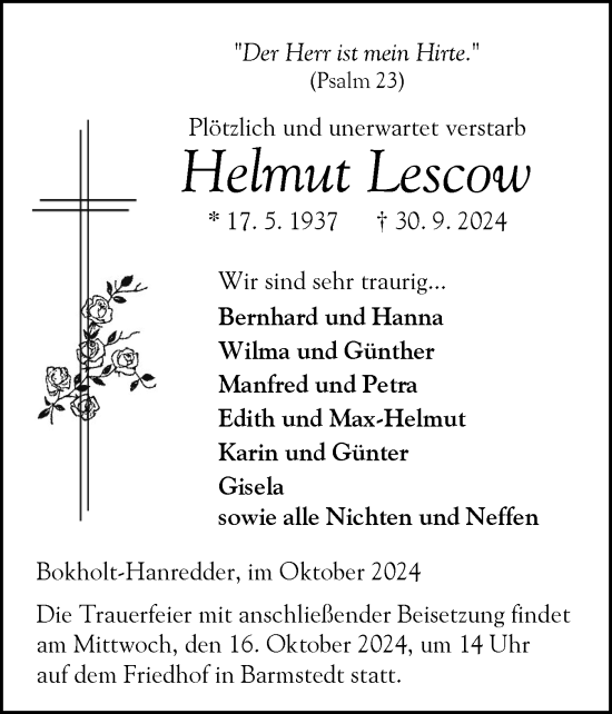 Traueranzeige von Helmut Lescow von Elmshorner Nachrichten, Barmstedter Zeitung
