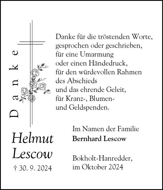Traueranzeige von Helmut Lescow von Elmshorner Nachrichten, Barmstedter Zeitung