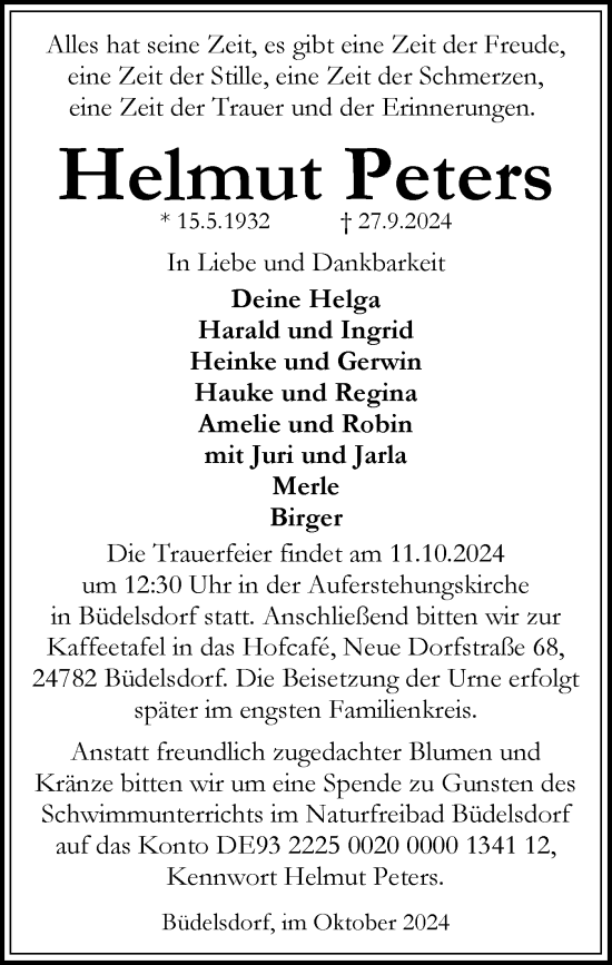 Traueranzeige von Helmut Peters von Schleswig-Holsteinische Landeszeitung