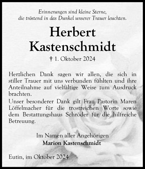 Traueranzeige von Herbert Kastenschmidt von Ostholsteiner Anzeiger