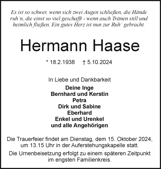 Traueranzeige von Hermann Haase von Holsteinischer Courier